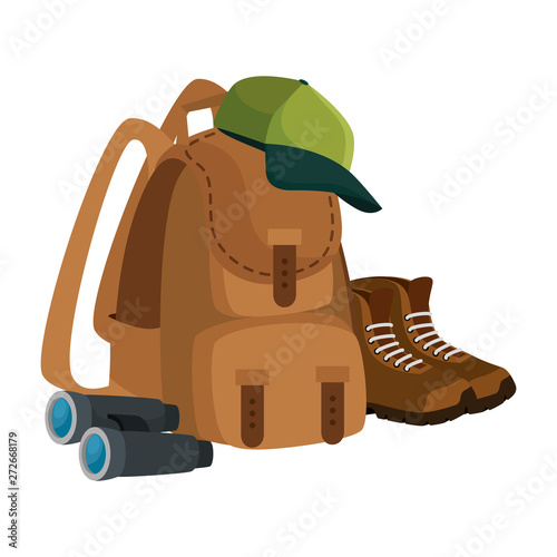 camping travel bag with binoculars and boots