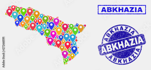 Vector bright mosaic Abkhazia map and grunge stamp seals. Flat Abkhazia map is designed from scattered bright site positions. Stamp seals are blue, with rectangle and rounded shapes.