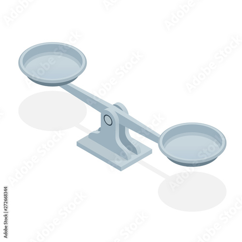 Isometric balance scales isolated on white background. Symbol of law and justice.