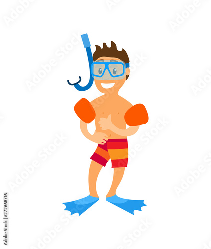 Boy wearing underwater mask, flippers and inflatable circles, smiling character in shorts, portrait view of teenager in swimming equipments vector