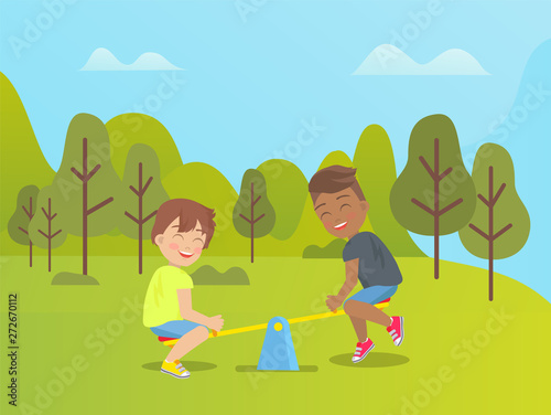 Children playing in park vector, amusement and relaxation on holidays, fun weekends of boys. Trees and lawn, seesaw made of wooden plank, outdoors game