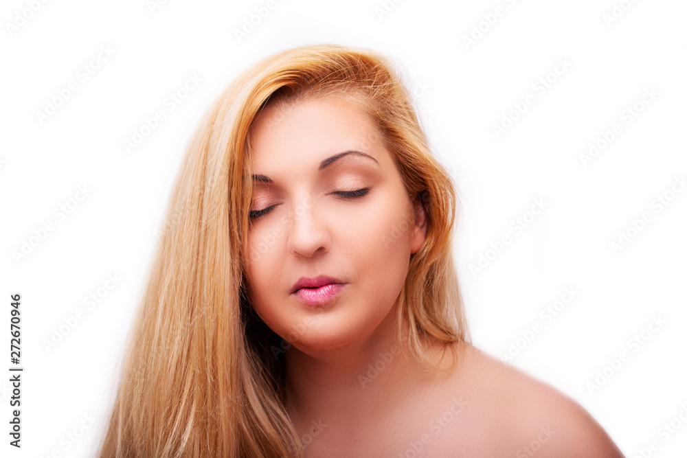 A portrait of beautiful face with closed brown eyes - isolated on white. A portrait of beautiful face with closed brown eyes - isolated on white.