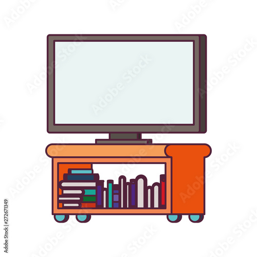 plasma tv in wooden shelf with books