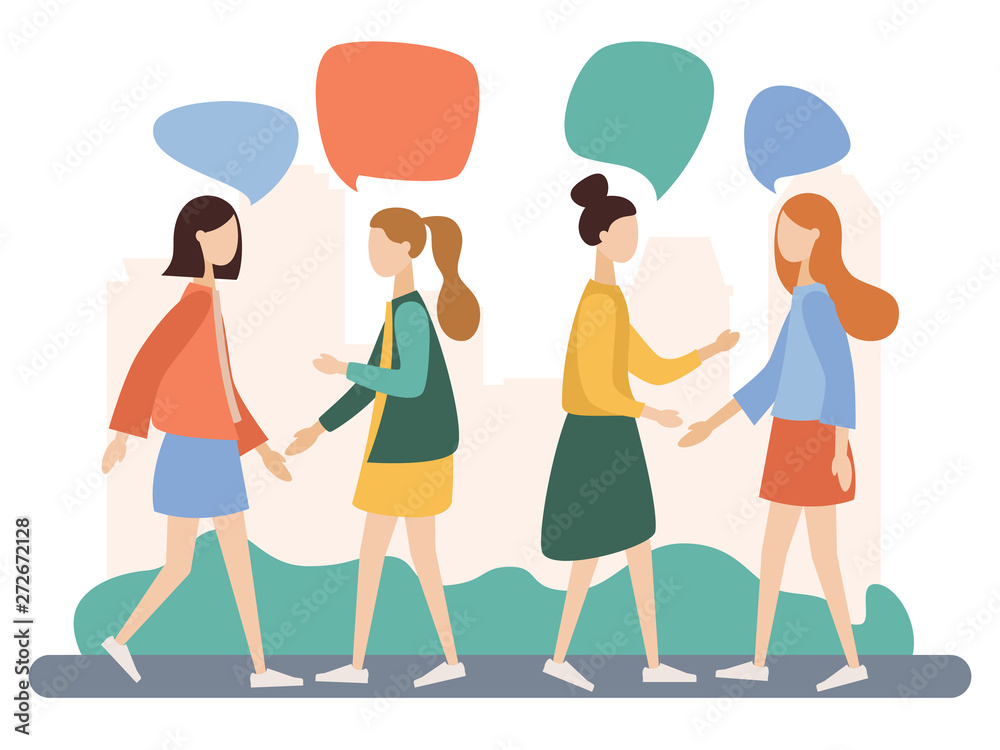 Women talking. People discuss social network, news, social networks, chat, dialogue speech bubbles. Flat cartoon style. Vector illustration