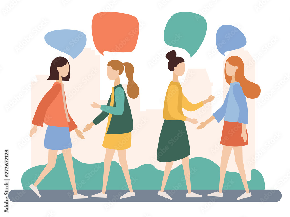 Women talking. People discuss social network, news, social networks, chat, dialogue speech bubbles. Flat cartoon style. Vector illustration Women talking. People discuss social network, news, social networks, chat, dialogue speech bubbles. Flat cartoon style. Vector illustration