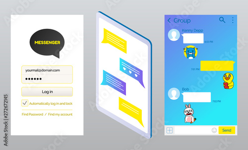 Korean messenger kakao talk pages vector, interface of login and password filling form and chatting box. Stickers and emojis for conversation expression