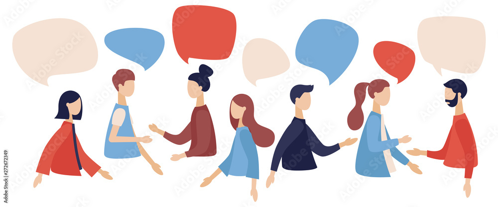 Group of people talking . Businessmen discuss social network, news, social  networks, chat, dialogue speech bubbles. Flat cartoon style. Vector  illustration Stock Vector | Adobe Stock
