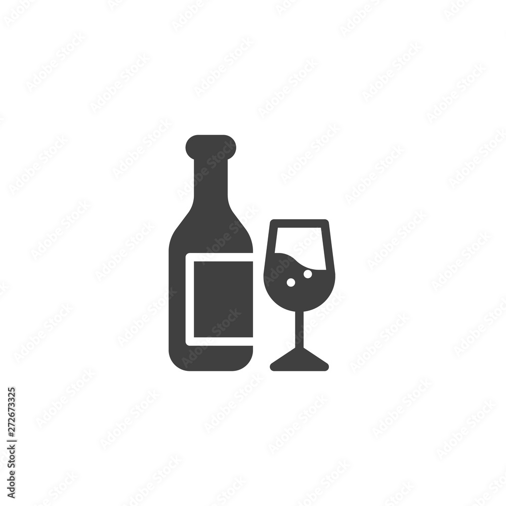 Champagne bottle and glass vector icon. filled flat sign for mobile concept and web design. Wine bottle with wineglass glyph icon. Symbol, logo illustration. Vector graphics Champagne bottle and glass vector icon. filled flat sign for mobile concept and web design. Wine bottle with wineglass glyph icon. Symbol, logo illustration. Vector graphics