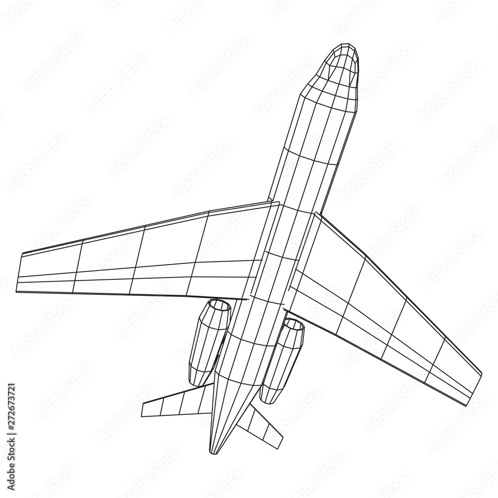Private Jet Plane Abstract polygonal wireframe business luxury twin engine airplane. Travel aircraft, tourism and vacation concept. Wireframe low poly mesh vector illustration