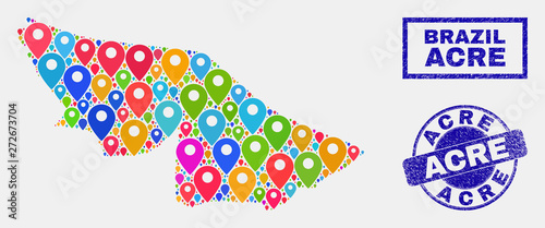 Vector bright mosaic Acre State map and grunge seals. Abstract Acre State map is designed from scattered bright map positions. Stamp seals are blue, with rectangle and rounded shapes.