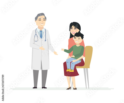 Chinese family at doctors - cartoon people characters illustration