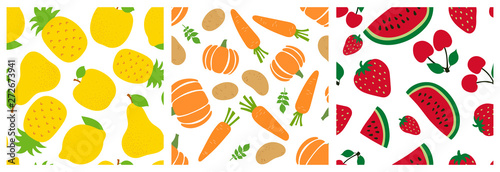 Fruits and vegetables seamless pattern set. Pineapple, apple, pear, lemon, pumpkin, carrot, potato, watermelon, strawberry, cherry. Fashion design. Food print. Vector sketch background collection
