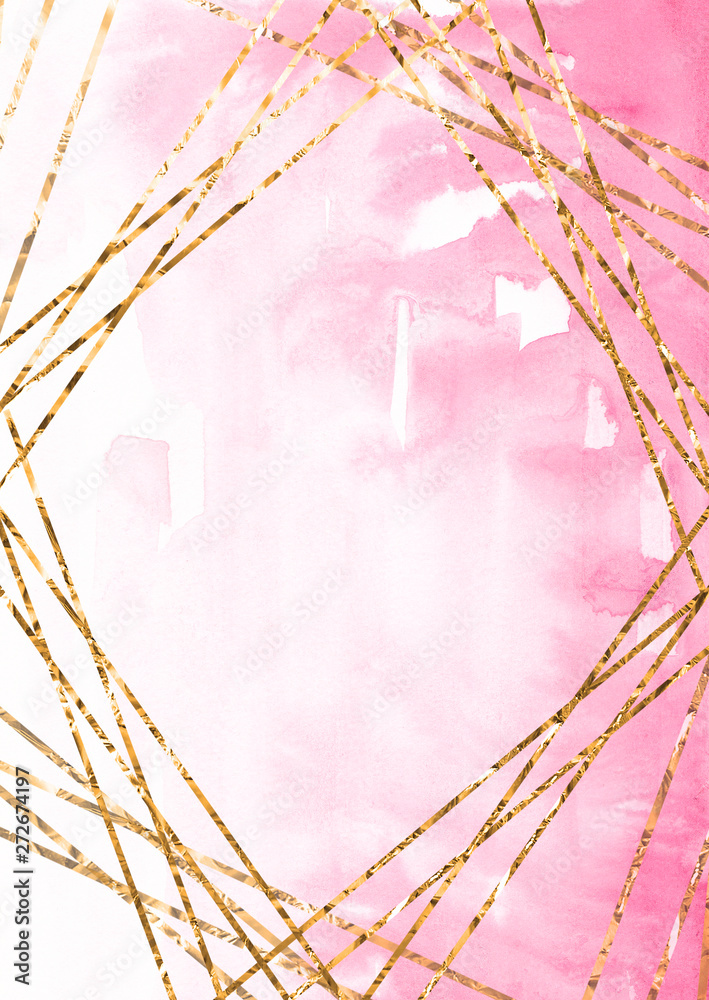 Pink watercolor background with gold frame Card template Stock ...