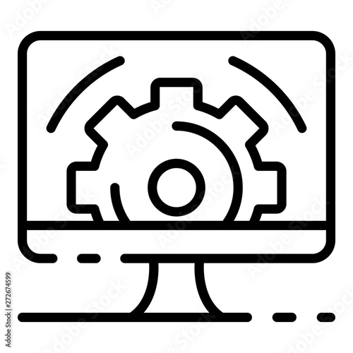 Gear on computer screen icon. Outline gear on computer screen vector icon for web design isolated on white background