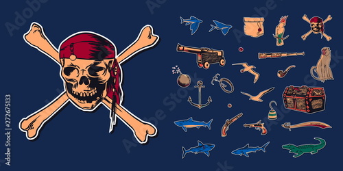 Pirate skull wearing bandana with crossbones and hand drawn sketch set illustration of buccaneer accessories. Vector filibuster drawing stickers isolated on navy background