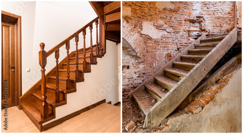 Comparison of modern brown wooden oak staircase with carved railing in new renovated apartment interior and old ladder stairs. Before renovation and after house reconstruction collage.