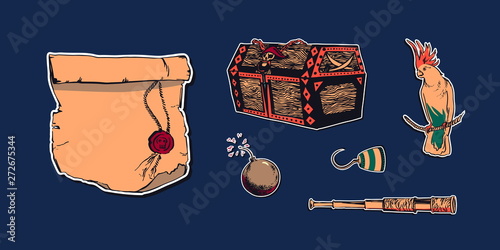 Hand drawn sketch pirate accessories set illustration with buccaneer hook, telescope, antique paper scroll, bomb, parrot and treasure chest. Vector filibuster drawing stickers isolated