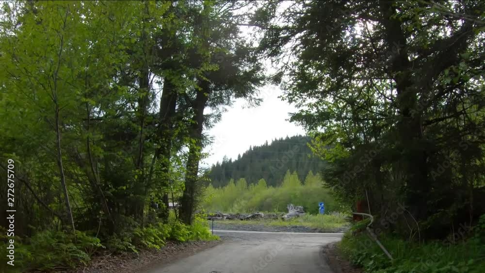 POV driving through forested area in Lowell Point Recreational Area near Seward Alaska; ending at a road maintenance area