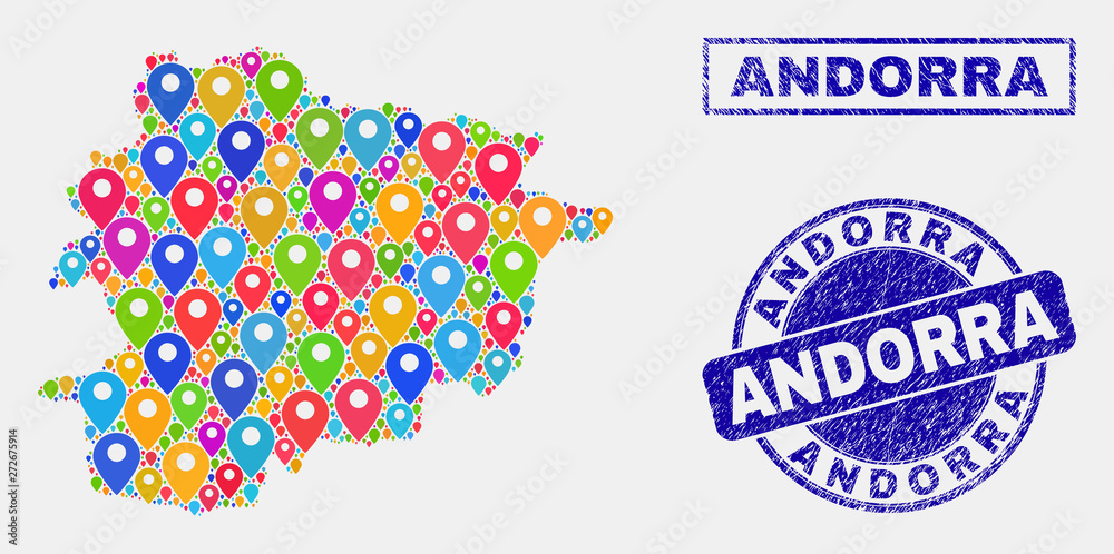 Vector bright mosaic Andorra map and grunge stamp seals. Flat Andorra map is composed from random colorful map pointers. Stamp seals are blue, with rectangle and round shapes.