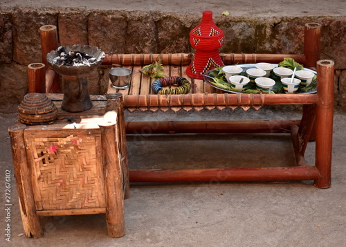 Table set up for traditional Ethiopian coffee ceremony photo