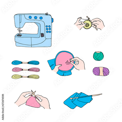 Hand drawn sewing objects collection.  Handicraft sketch set.
