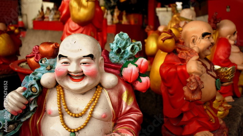 Smiling Buddha statues at Chinese temple © Mick Carr