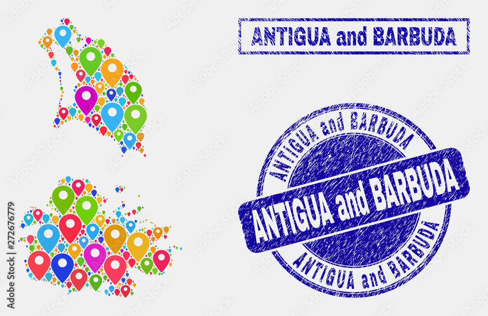 Vector bright mosaic Antigua and Barbuda map and grunge stamps. Abstract Antigua and Barbuda map is designed from scattered colorful map symbols. Stamps are blue, with rectangle and rounded shapes.