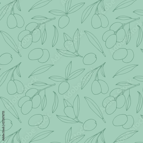 Olive branches hand drawing pattern. Vector oliva oil background. © Анастасия