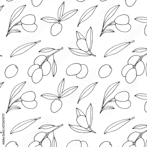 Olive branches sketch pattern. Hand drawn vector oliva oil background.