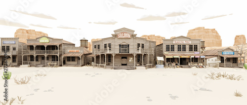 Wide side view of a rustic antique Low Polygon Western town with various businesses. 3d rendering