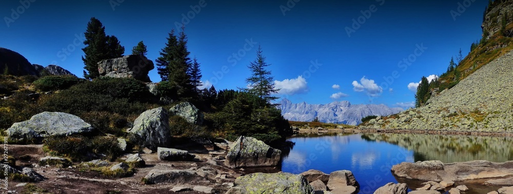 High altitude scenic mountain landscape with mountain lake