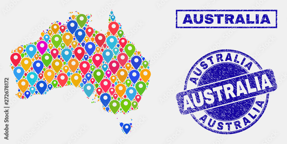 Vector bright mosaic Australia map and grunge stamp seals. Flat Australia map is composed from scattered bright map markers. Seals are blue, with rectangle and round shapes. Vector bright mosaic Australia map and grunge stamp seals. Flat Australia map is composed from scattered bright map markers. Seals are blue, with rectangle and round shapes.