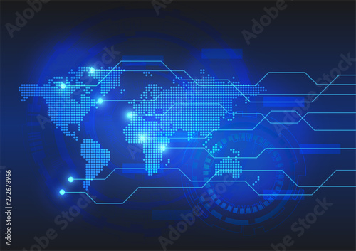 Fototapeta Naklejka Na Ścianę i Meble -  Vector Background of technology digital circuit  with dotted world map