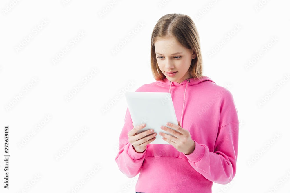 smiling teenage girl using digital tablet isolated on white smiling teenage girl using digital tablet isolated on white