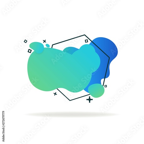 Blue and green flowing liquid abstract elements with hexagon outline. Abstract graphic element. Modern colorful design. Template for minimal banner, presentation, logo, flyer. Vector illustration.