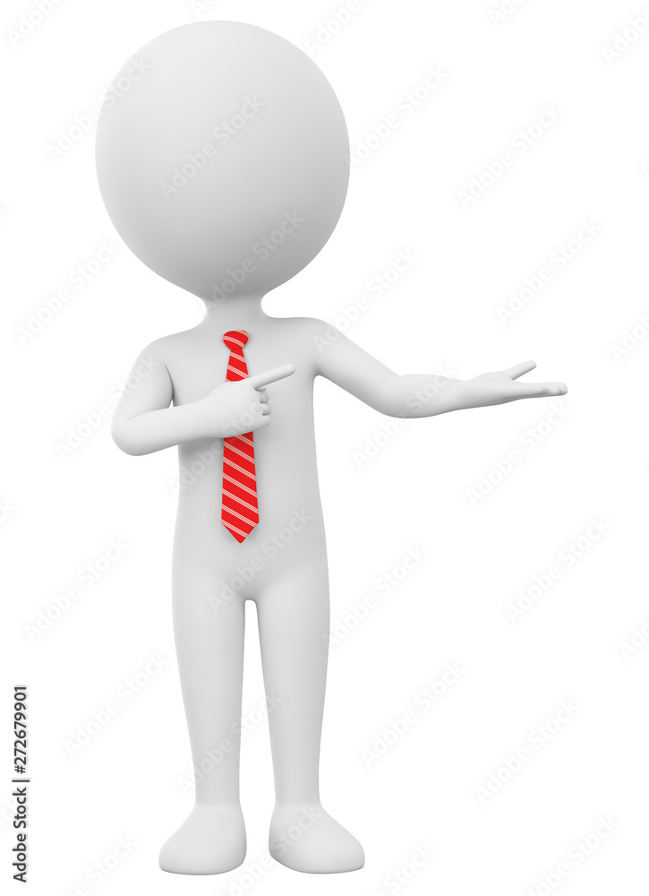 Character businessman points to an empty hand on a white background. 3d render illustration. Character businessman points to an empty hand on a white background. 3d render illustration.