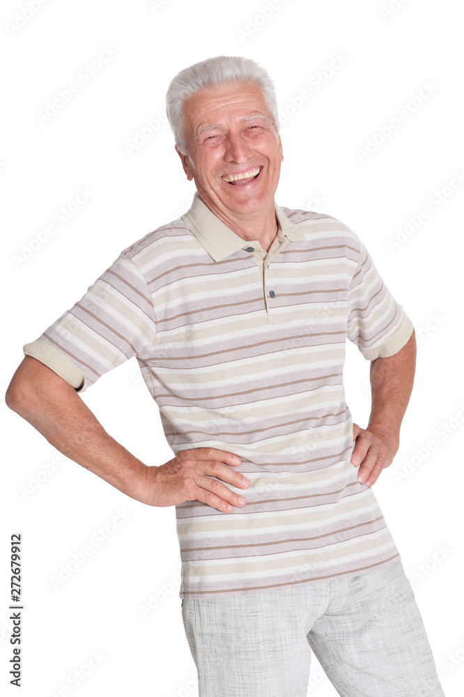 Portrait of senior man holding hands on hips isolated