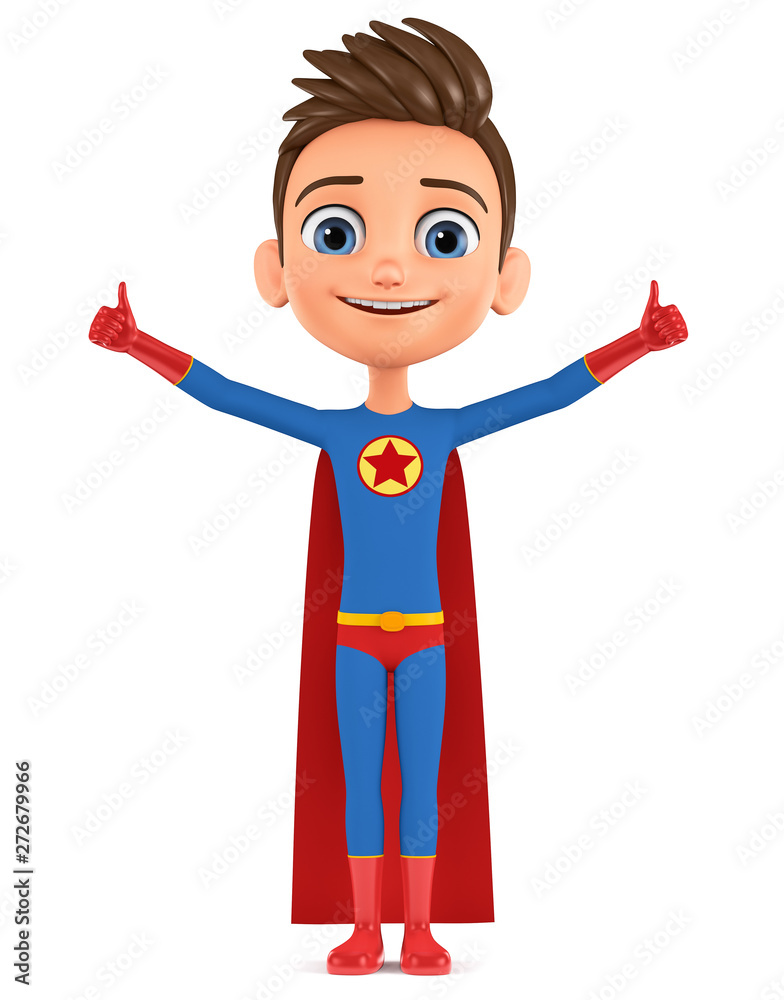 Cartoon character boy dressed as a hero showing two fingers up. 3d render illustration. Illustration for advertising. Cartoon character boy dressed as a hero showing two fingers up. 3d render illustration. Illustration for advertising.