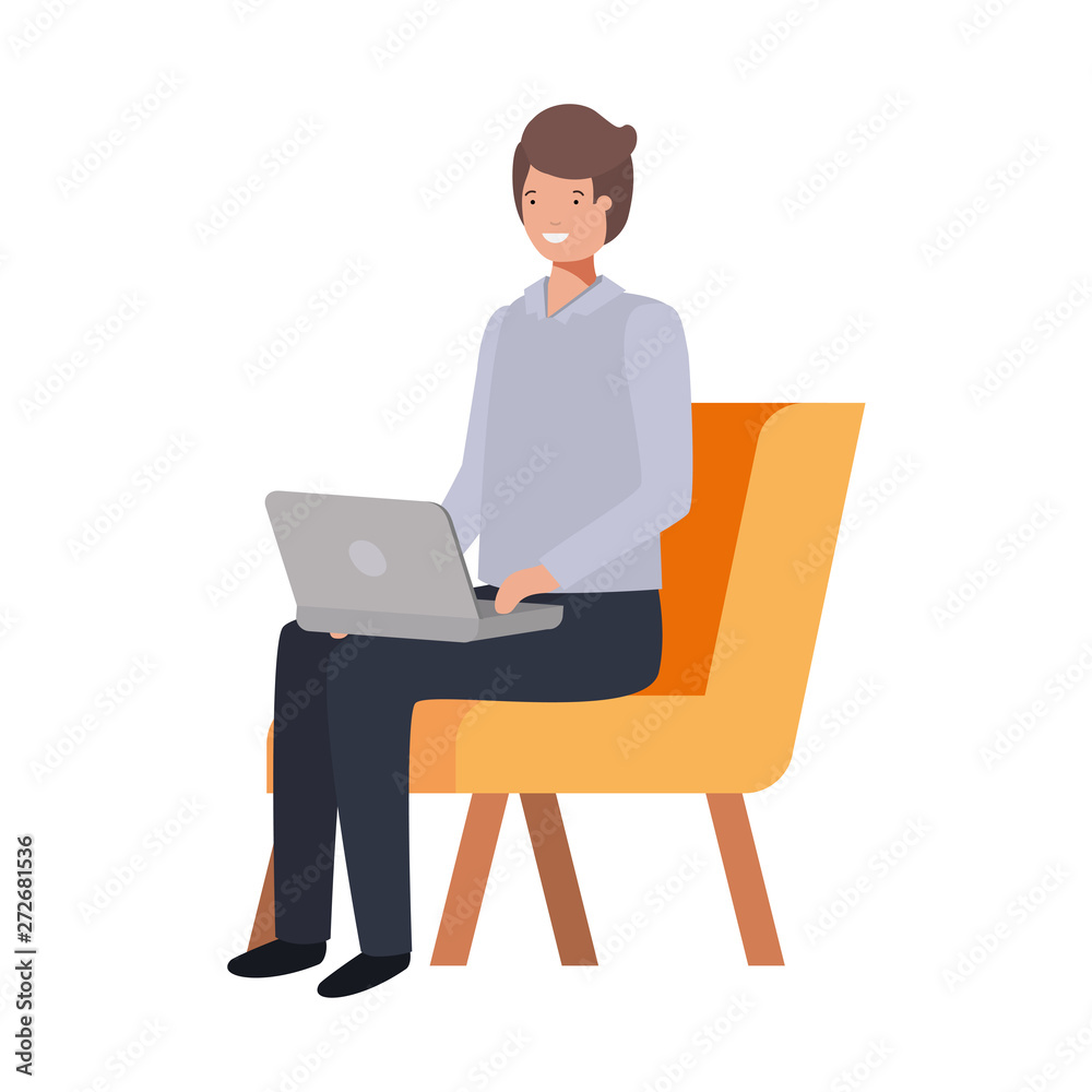 man sitting in chair with laptop on white background