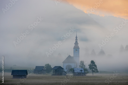 morning fog in river valley Sava Bohinjka, Slovenia