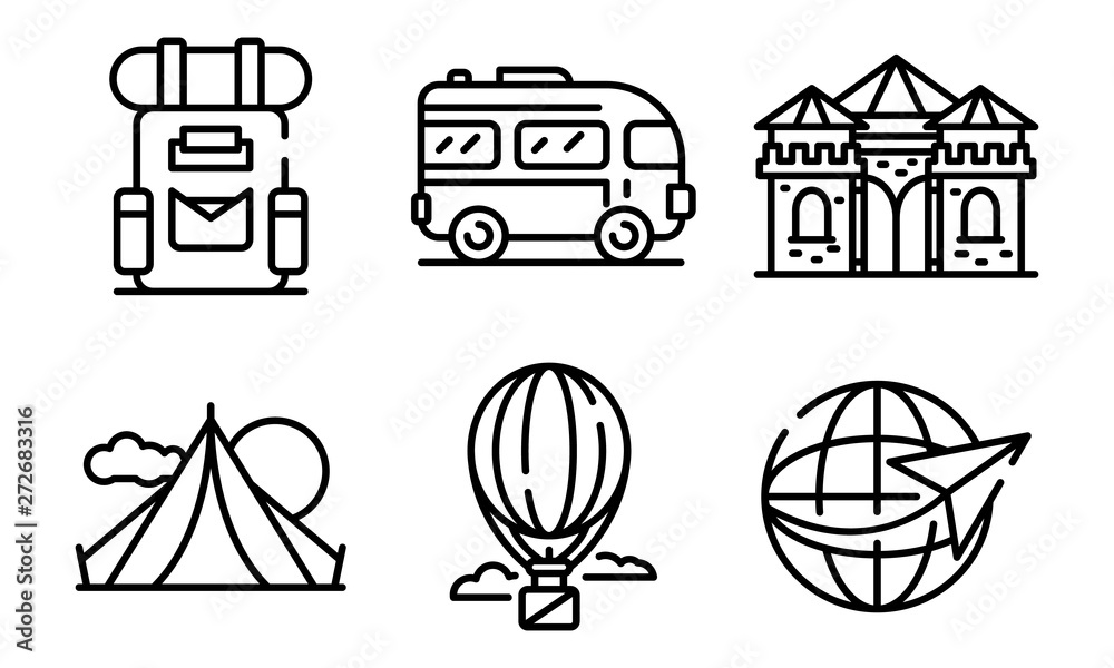 Excursion icons set. Outline set of excursion vector icons for web ...