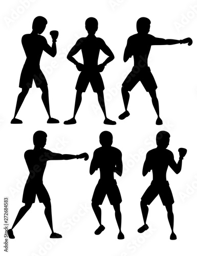 Black silhouette set of boxer in sports pants with boxing gloves punching training cartoon character design flat vector illustration isolated on white background