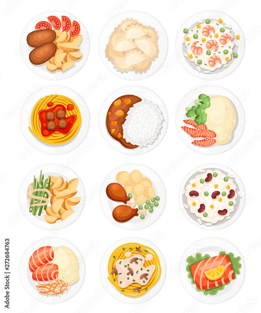 Set of different dishes on the plates. Traditional food from around the world. Icons for menu logos and labels. Flat vector illustration isolated on white background