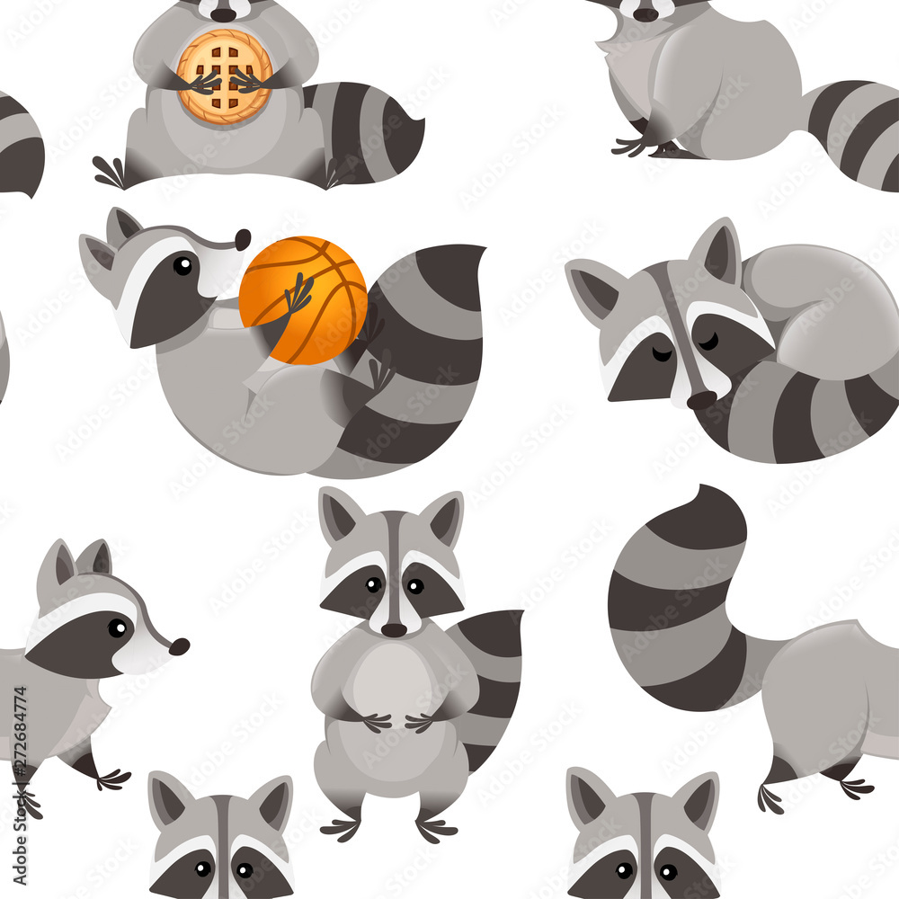 Seamless pattern of cute cartoon raccoon. Funny raccoons collection.  Emotion little raccoon. Cartoon animal character design. Flat vector  illustration on white background Stock Vector | Adobe Stock