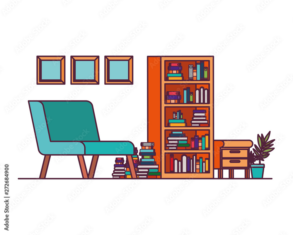 living room with couch and bookshelf of books