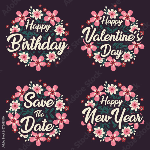 Greeting card template for happy birthday valentine's day and happy new year with flower wreath.