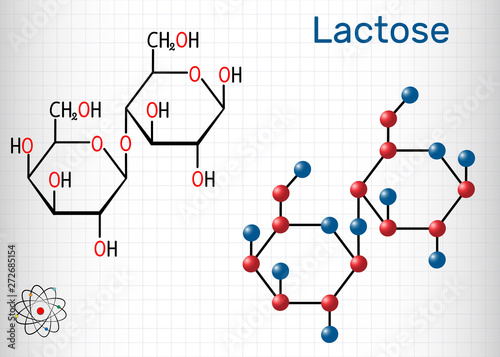 Lactose, milk sugar molecule, it is a disaccharide. Structural chemical formula and molecule model. Sheet of paper in a cage