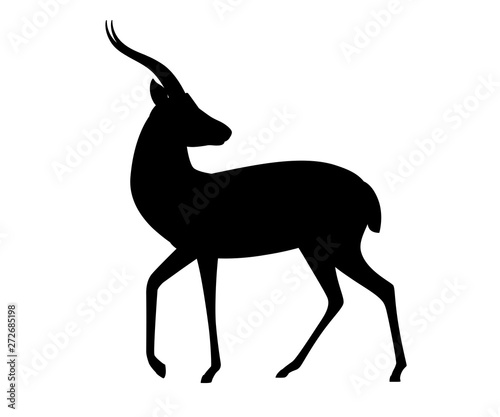 Black silhouette African wild black-tailed gazelle with long horns head looks back cartoon animal design flat vector illustration on white background side view antelope
