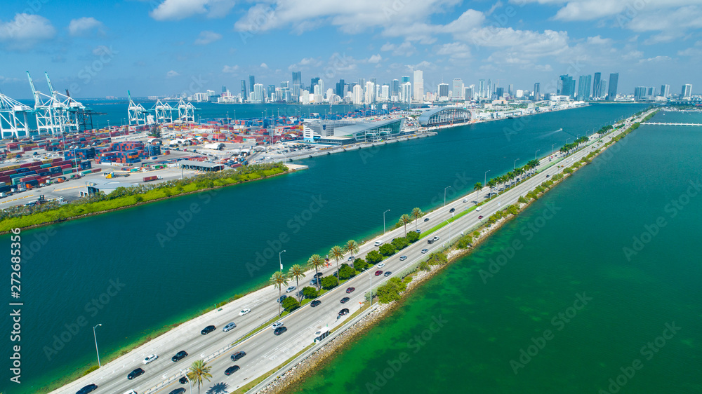 Aerial view of MacArthur Causeway and port. 