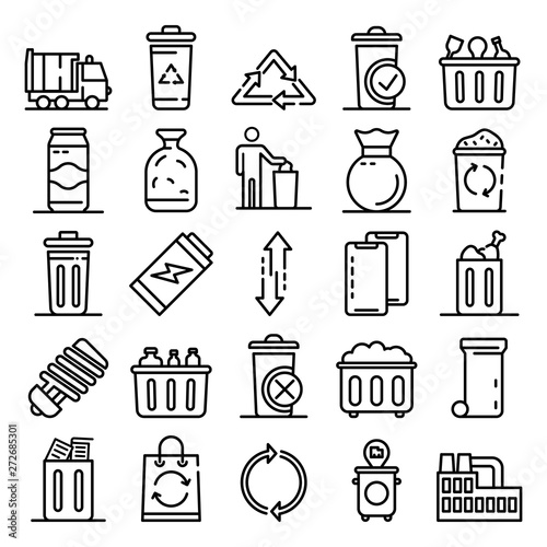Garbage icons set. Outline set of garbage vector icons for web design isolated on white background